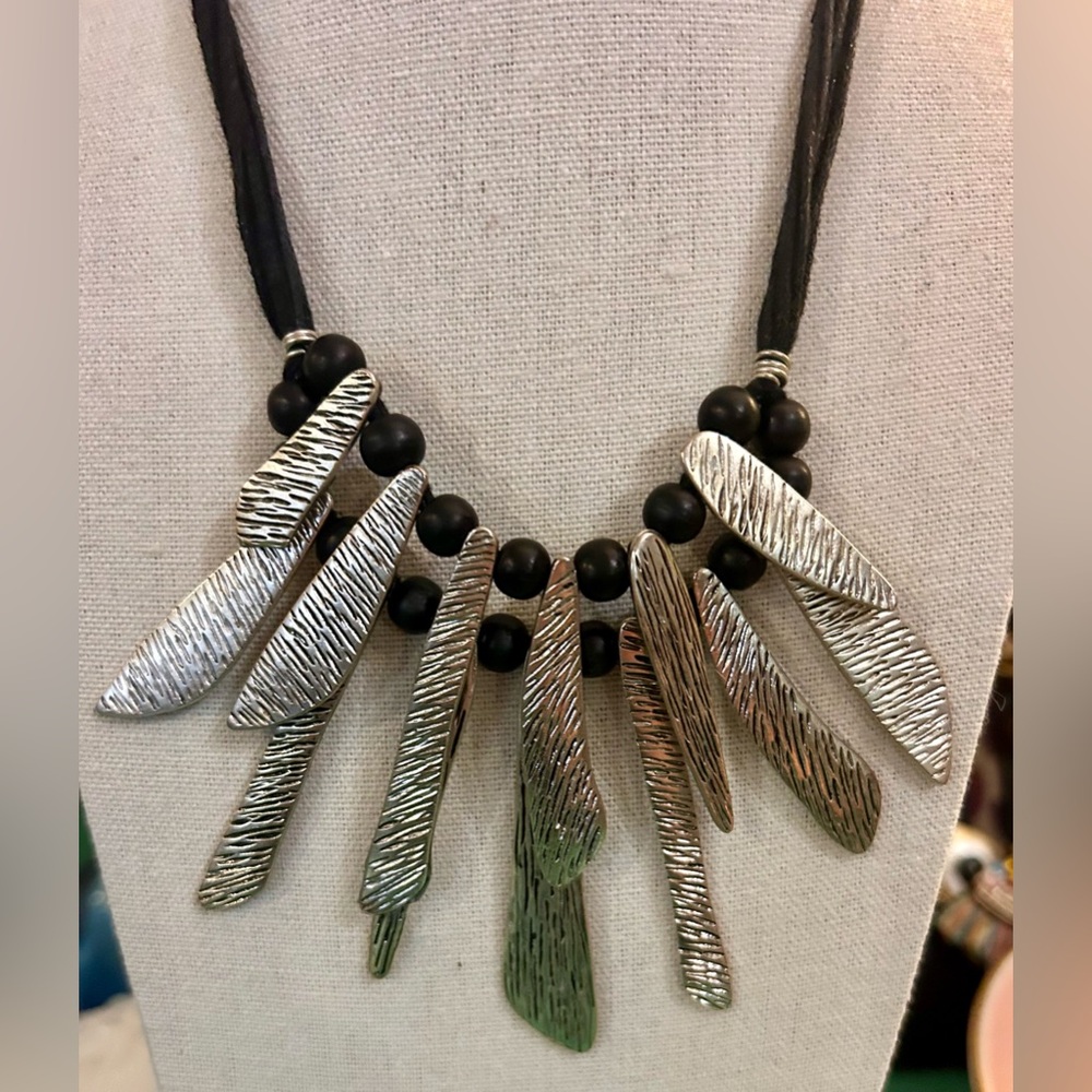 Boho Silver-tone Artisan and Black Beaded Necklace on Multi-cord Strings - Picture 6 of 7